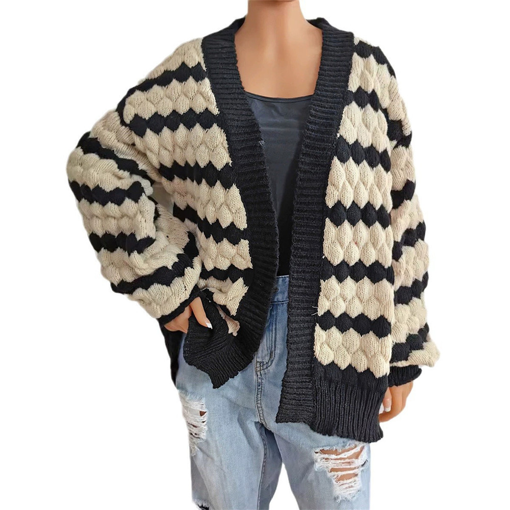 Forever 21 Fall Winter Warm Cardigan 3D Contrast Stripe Knitted Casual - Picture 5 of 6